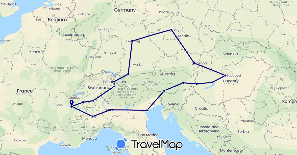 TravelMap itinerary: driving in Austria, Switzerland, Czech Republic, Germany, France, Hungary, Italy, Liechtenstein (Europe)